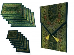 Indian Silk Table Runner with 6 Place Mats & 6 Coaster in Green Color Size 16x62